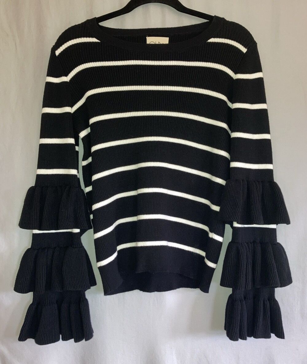 Chaser Womens L Black White Stripes Cotton Sweater Tiered Ruffle Sleeve Romantic